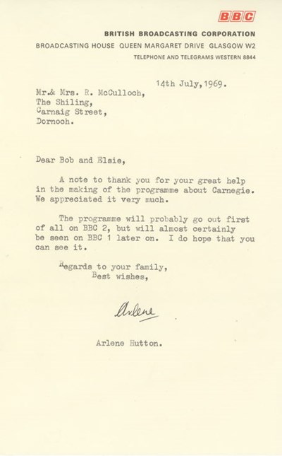 BBC thank your letter from Arlene Hutton 1969