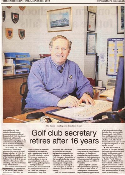 John Duncan Golf Club Secretary retires