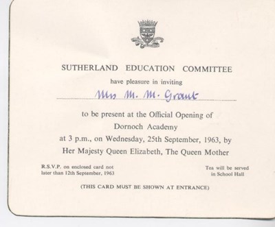 Invitation Card opening of Dornoch Academy 1963 