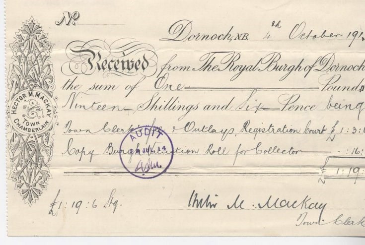 Receipt for valuation roll 1913
