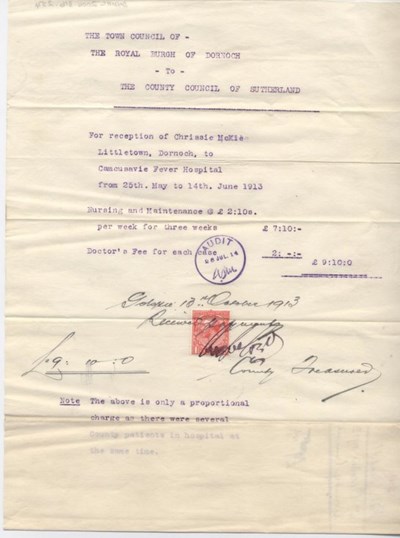 Bill for patient at Cambusavie Fever Hospital 1913