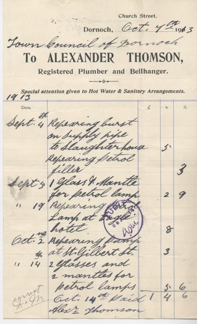 Bill for repairs to slaughterhouse and street lamps 1913