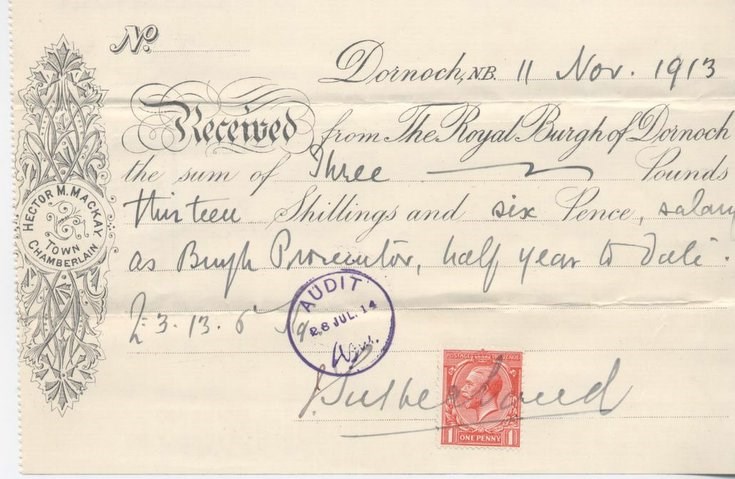 Receipt for burgh prosecutor's salary 1913