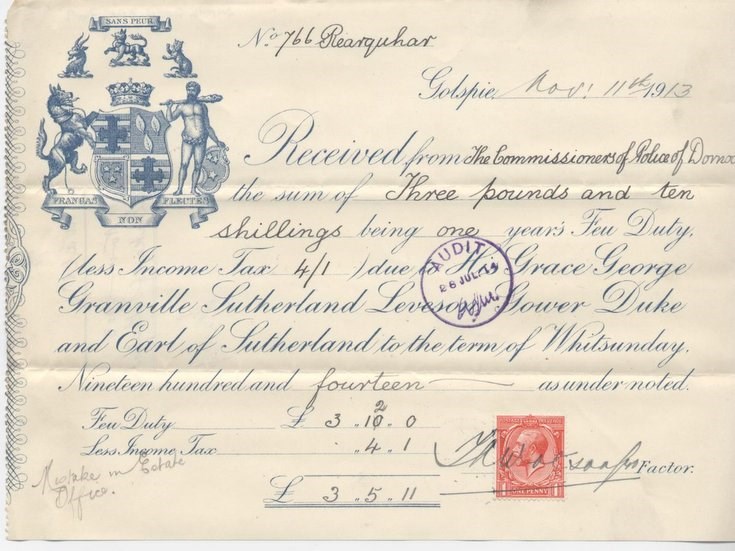 Receipt for feu duty Rearquhar police 1913