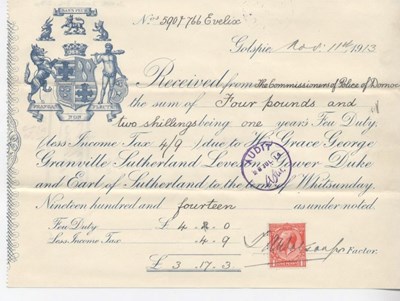 Receipt for feu duty Evelix police 1913