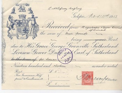 Receipt for rent, Littleferry angling 1913
