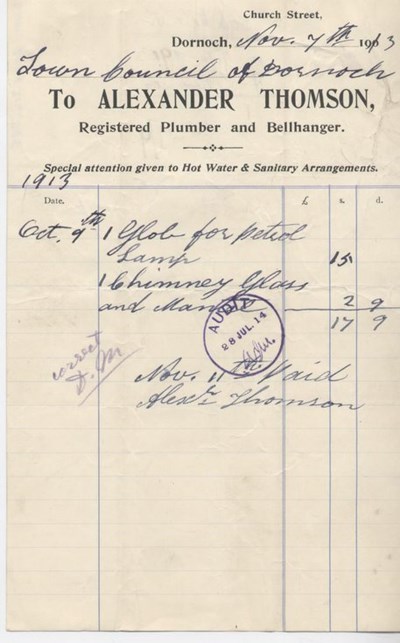 Bill for parts for lamps 1913