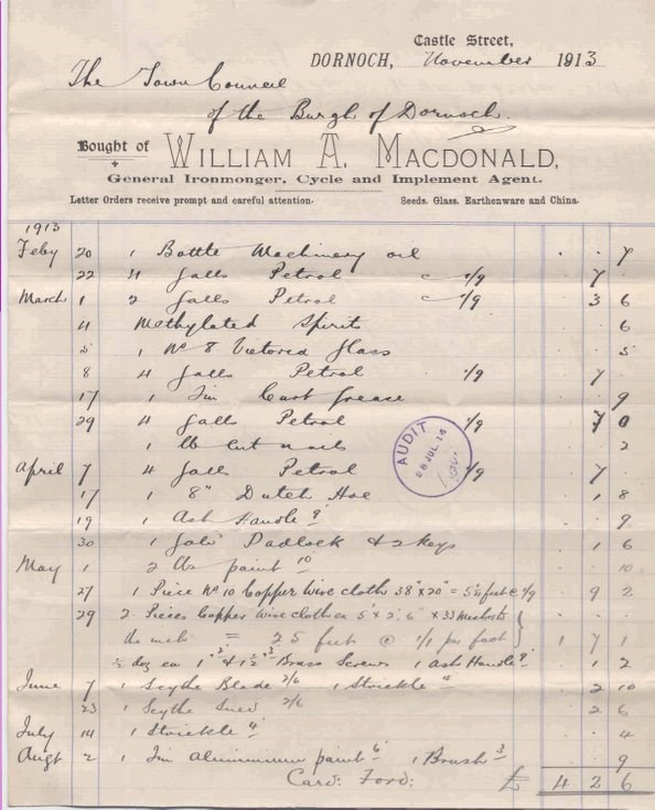 Bill for oil and tools 1913