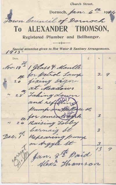 Bill for repairs 1914 Plumber and Bellhanger