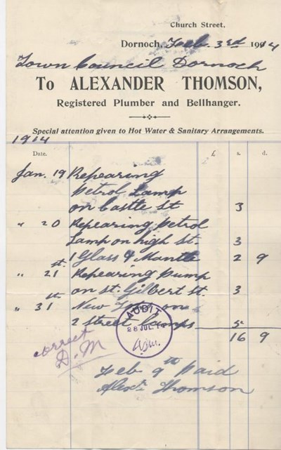 Bill for repairs to street lamps 1914