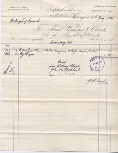 Bill for analysing foodstuffs 1914