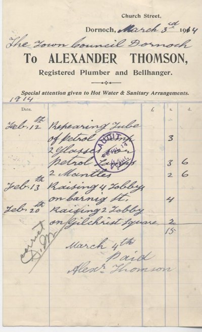 Bill for repairs to lights etc 1914