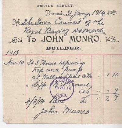 Bill for repairs to water supply 1914