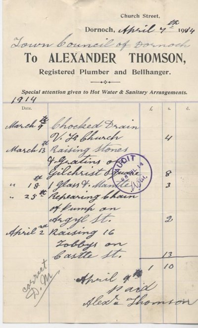 Bill for repairs to lamps and drains 1914