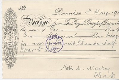 Receipt for use of council chamber 1914