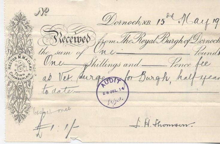 Receipt for veterinary surgeon's salary 1914