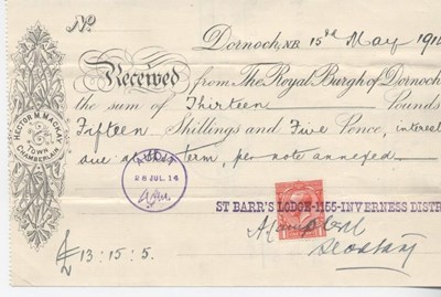 Receipt for interest re water and railway 1914