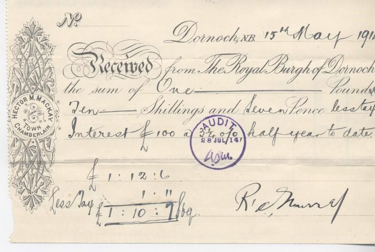 Receipt for interest re water 1914