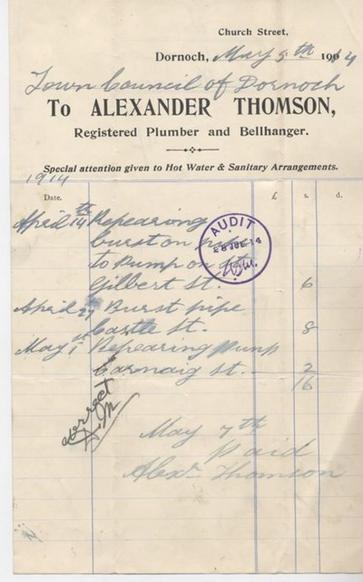 Bill for repairs to water supply 1914