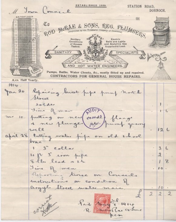Bill for repairs to water supply 1914