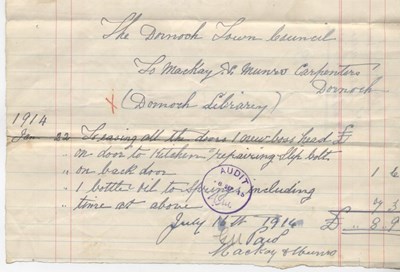 Bill for door repairs at library 1914