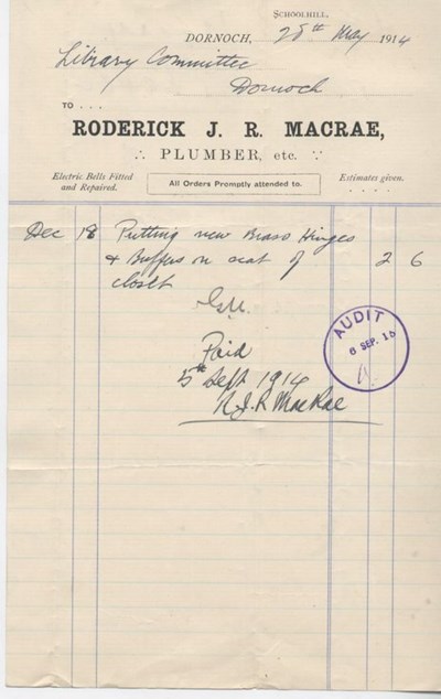 Plumber's bill for repairs at library 1914