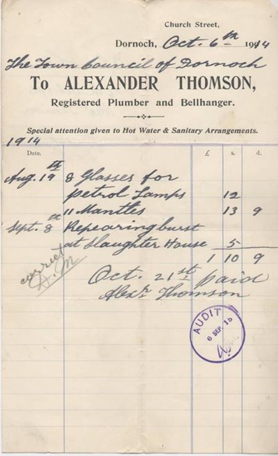 Bill for lamps and repairs 1914