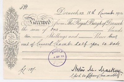 Receipt for rent of council chamber 1914