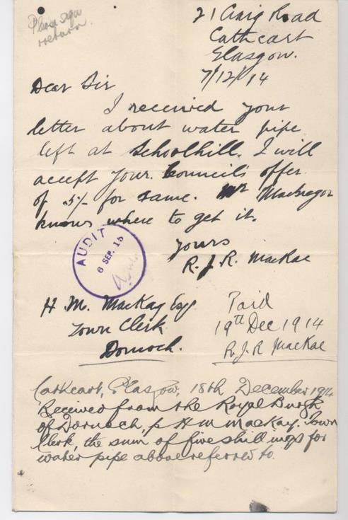 Letter re leftover water pipe 1914