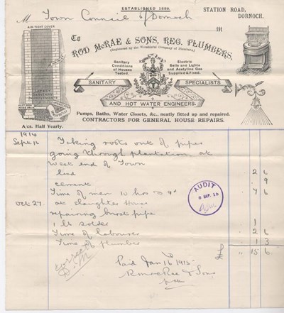 Bill for repairs to pipes 1915
