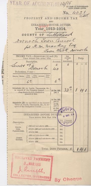 Bill for property tax 1913/14 