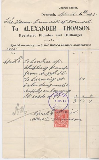 Bill for plumbing work 1915