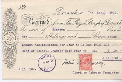 Receipt for rent of council chamber 1915
