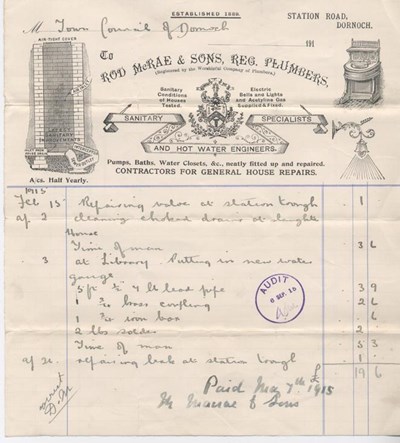 Bill for repairs to water supply 1915