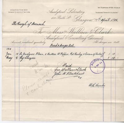 Bill for analysing foodstuffs 1915