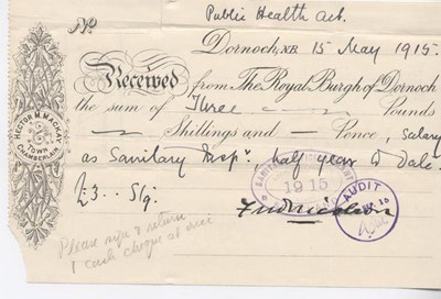 Receipt for sanitary inspector's salary 1915