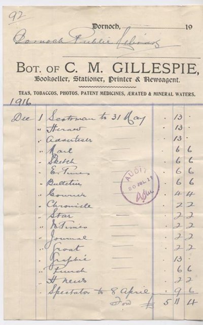 Bill for newspapers 1916