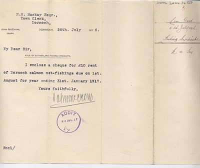 Remittance of rent of salmon fishings 1916