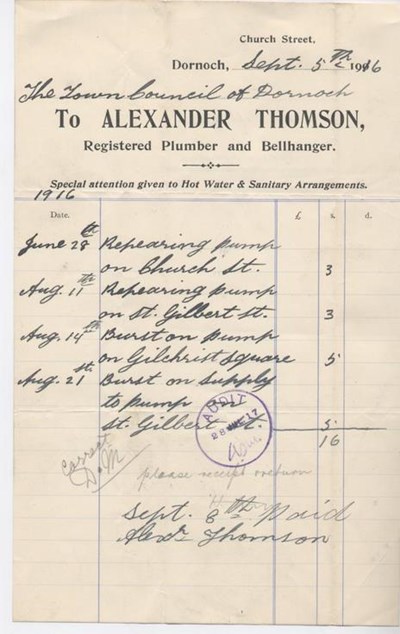 Bill for repairs to water pumps 1916