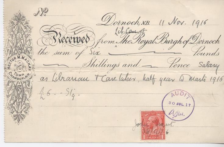 Receipt for librarian's salary 1916