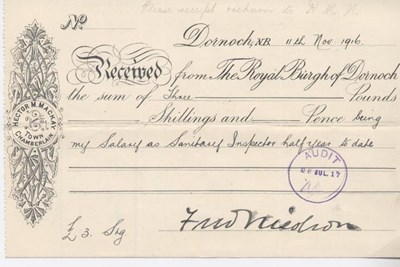 Receipt for Sanitary Inspector's salary 1916