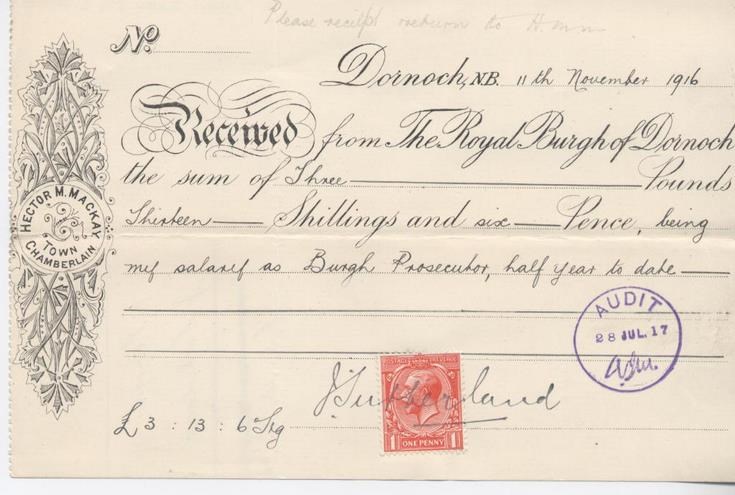 Receipt for Burgh Prosecutor's salary 1916