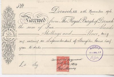 Receipt for Slaughterhouse Superintendent's salary 1916