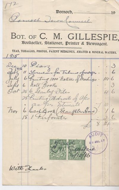 Bill for stationery 1916
