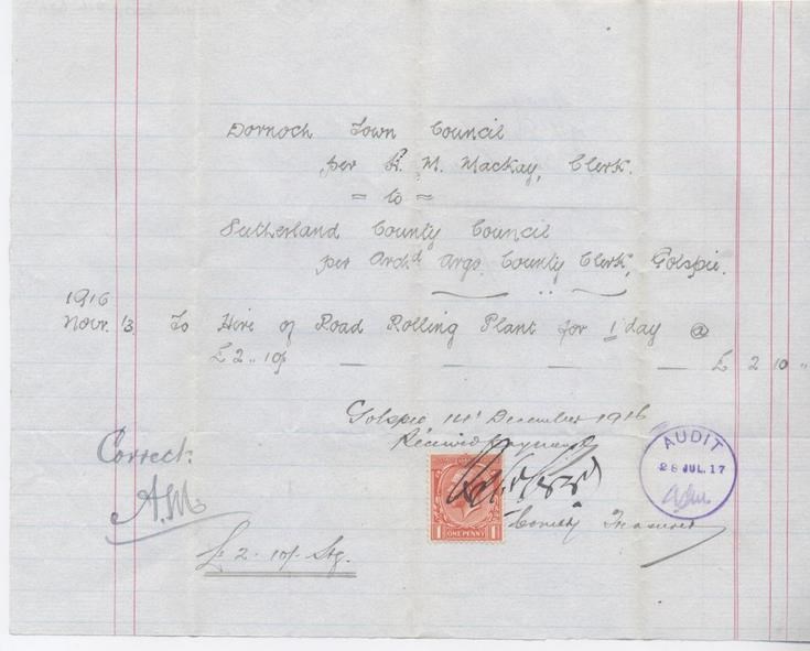 Bill for hire of road roller 1916