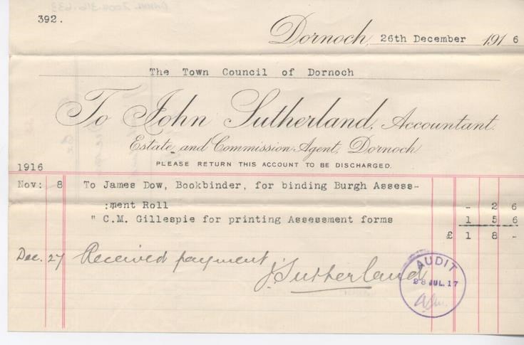 Bill for printing 1916