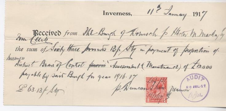 Receipt of lunatic asylum contribution 1917