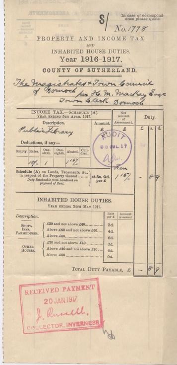 Income tax assessment for library, 1916-17