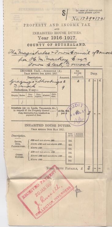 Income tax assessment for grazings and shootings, 1916-17