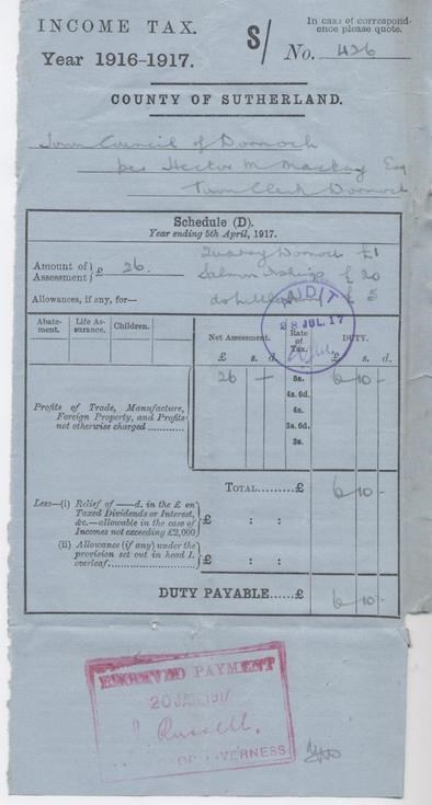 Income tax assessment for quarry and salmon fishings, 1916-17